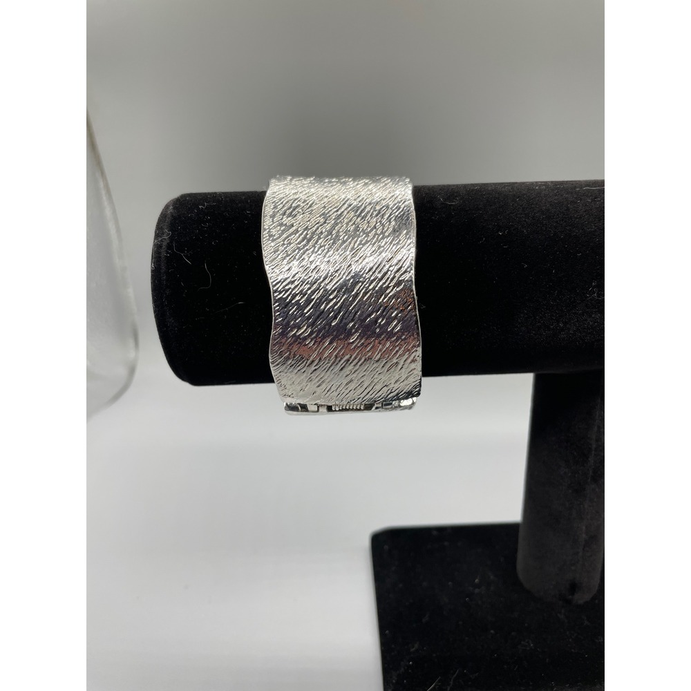Vintage Silver Tone Textured Bark Hinged Cuff Bracelet Wide Statement Bangle